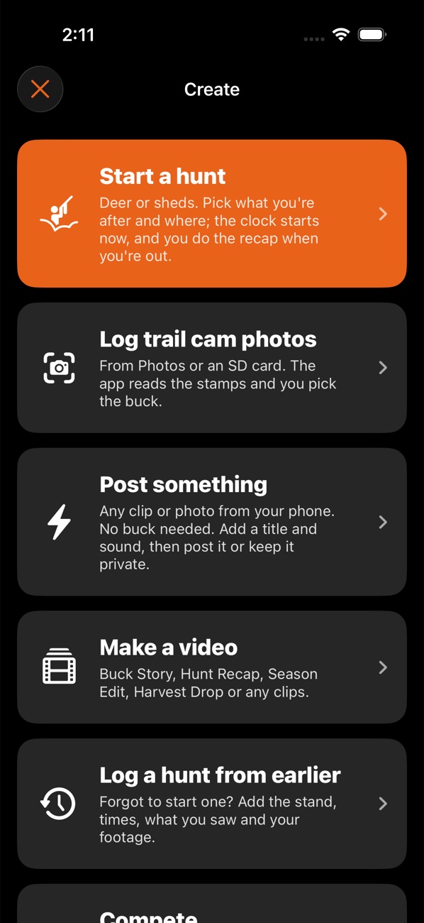 The Create menu: start a hunt, log trail cam photos, post something, make a video